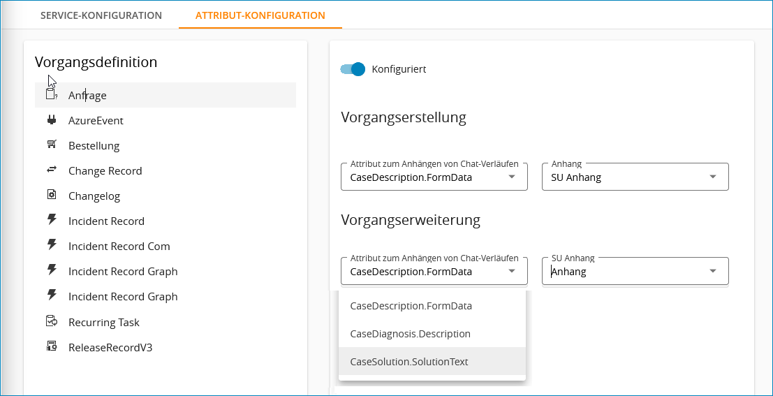 Screenshot: Attributkonfiguration für Serviceware Messaging