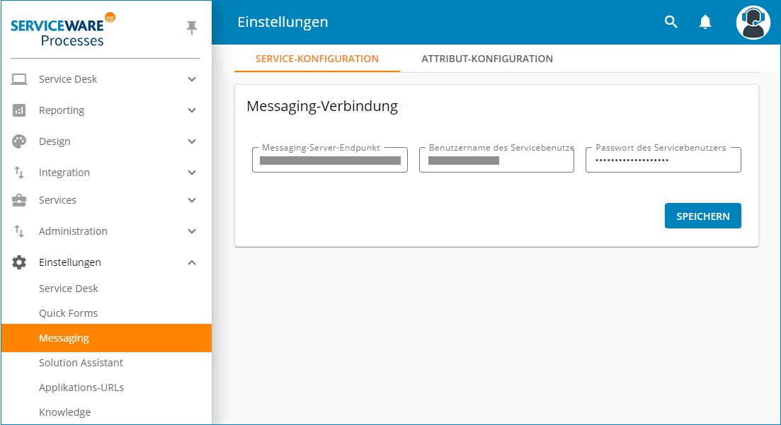 Screenshot: Service-Konfiguration der Verbindung zu Serviceware Messaging