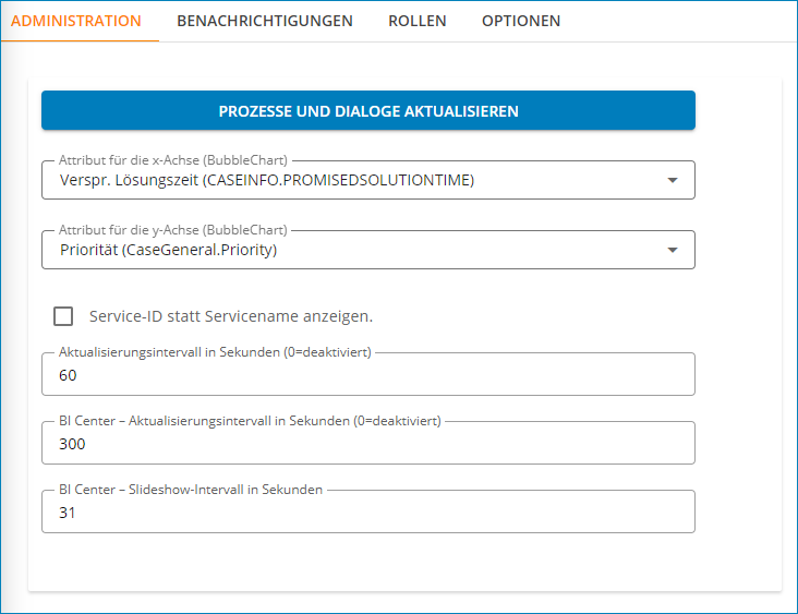 Screenshot: Konfiguration der Administrationseinstellungen für den Service Desk