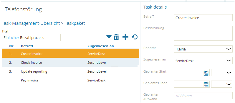 Screenshot: Geöffneter Eintrag eines Taskpakets in der Task-Management-Übersicht