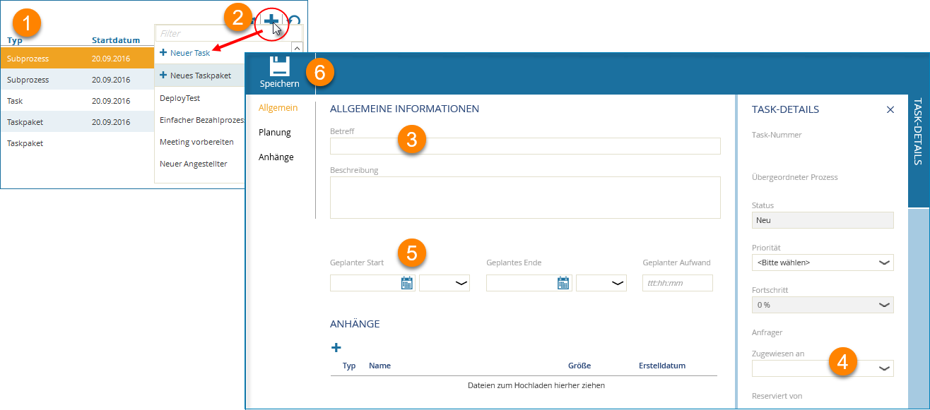 Screenshots: Darstellung des Vorgehens zum Erstellen eines Tasks über den Vorgangsdialog.