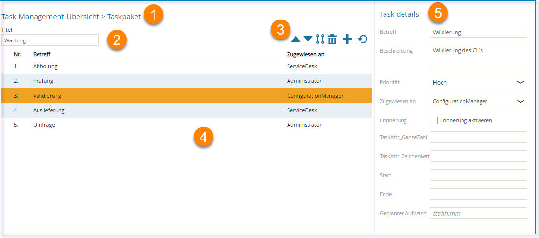 Screenshot: Task-Management-Übersicht. Der Bereich Taskpakete ist geöffnet.