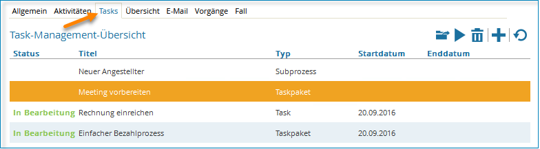 Screenshot: Geöffnete Registerkarte Tasks in einem Vorgangsdialog