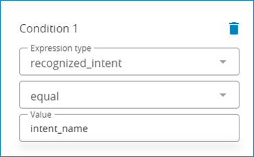 Um den Flow über den erkannten Intent zu steuern, prüfen die Bedingungen, ob die Ausgabevariable "recognized_intent" genau dem Namen eines bestimmten Intents "intent_name" entspricht.