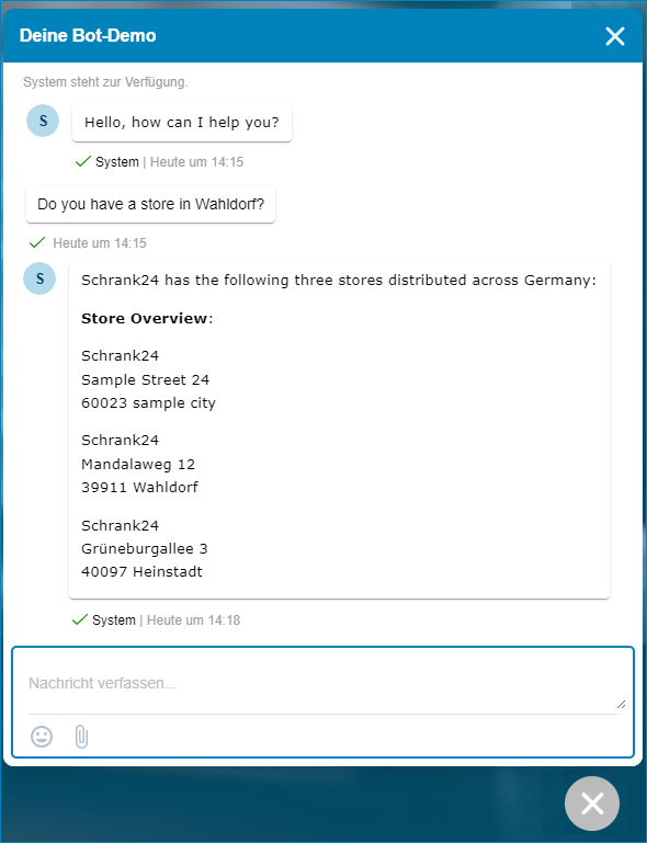 Beispieldialog einer Adressanfrage an den Solution Bot. Der Kunde fragt nach Filialen in Wahldorf, die Antwort des Solution Bot listet die Adressen aller Filialen in Deutschland.