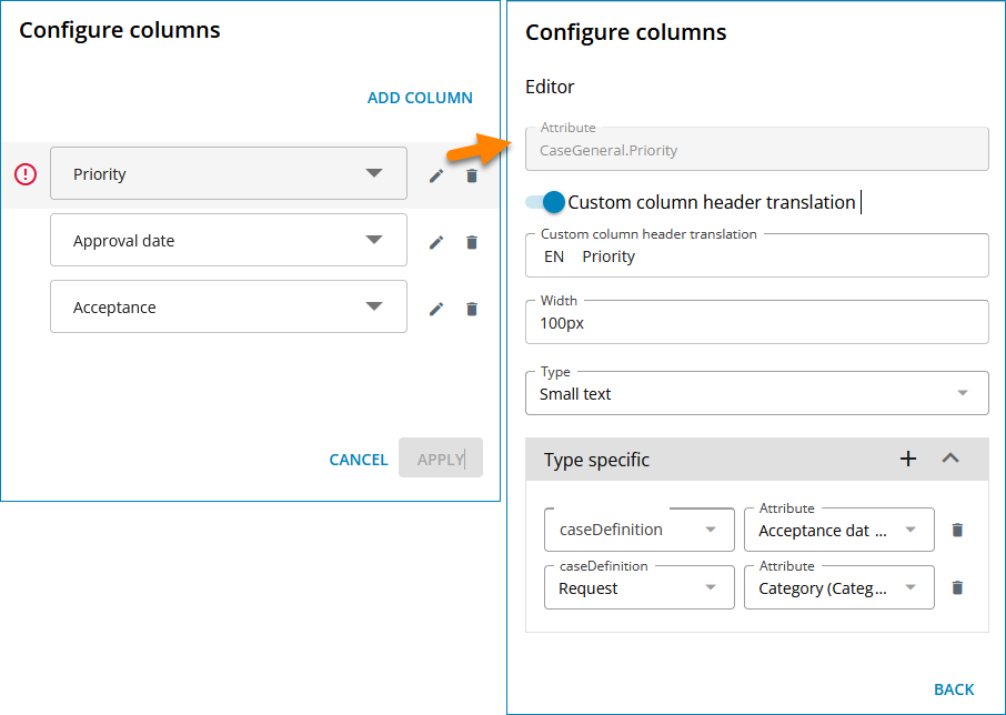 Konfiguration der Tabellenspalten für das Widget Meine Vorgänge