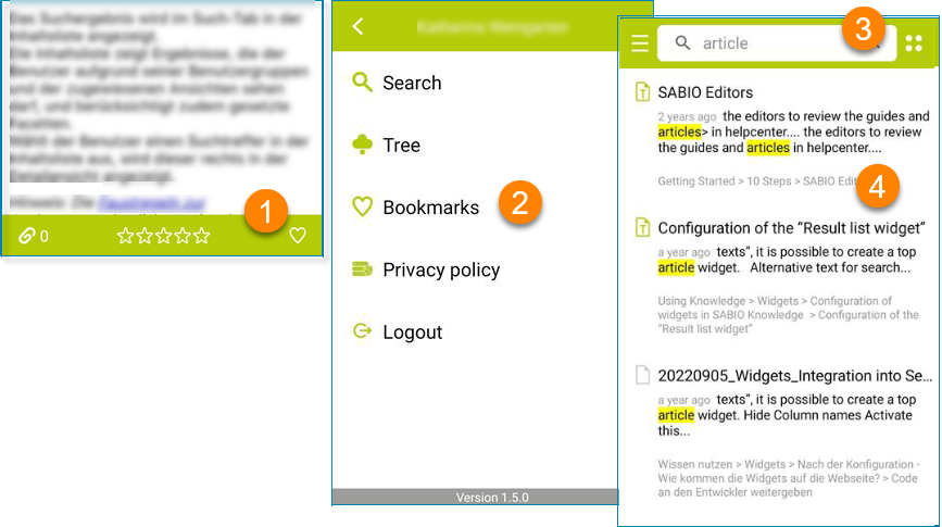 Screenshot: Bookmarks in the Knowledge-App