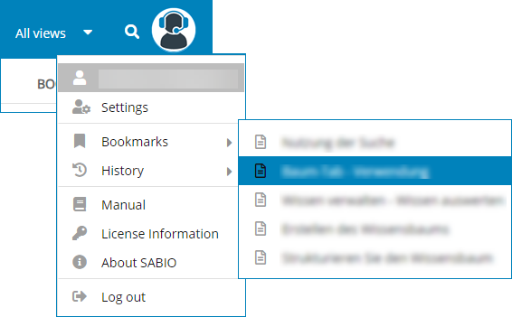 Overview of the user menu with open entries