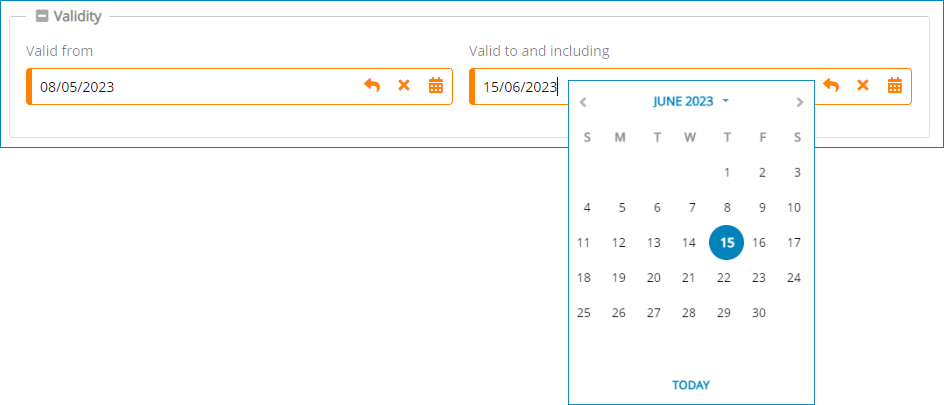Screenshot: Set validity via the calendar function