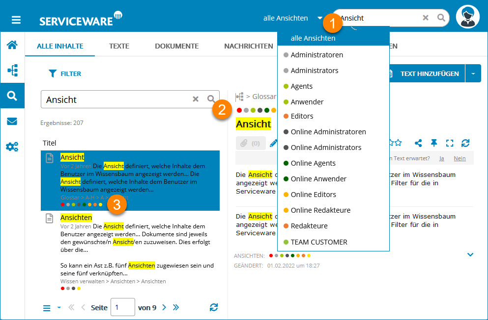 Screenshot: Selection and display of views in Serviceware Knowledge