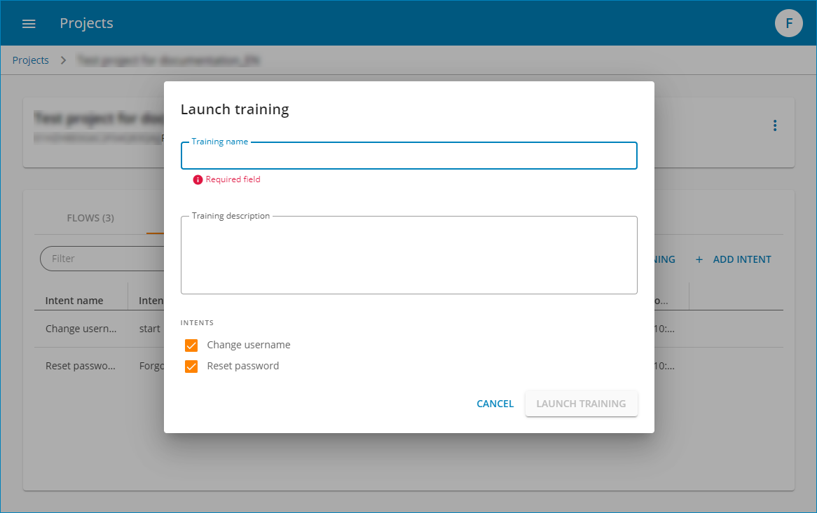 Project view, "Create training" dialog opened