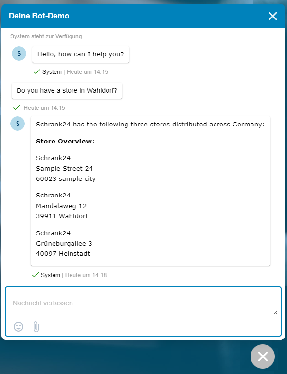 Example dialog of an address request to the Solution Bot. The customer asks for branches in Wahldorf, the answer from the Solution Bot lists the addresses of all branches in Germany.